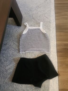 Cat & Jack White and Black Striped Knit Tank + Black Shorts Kids Matching Set